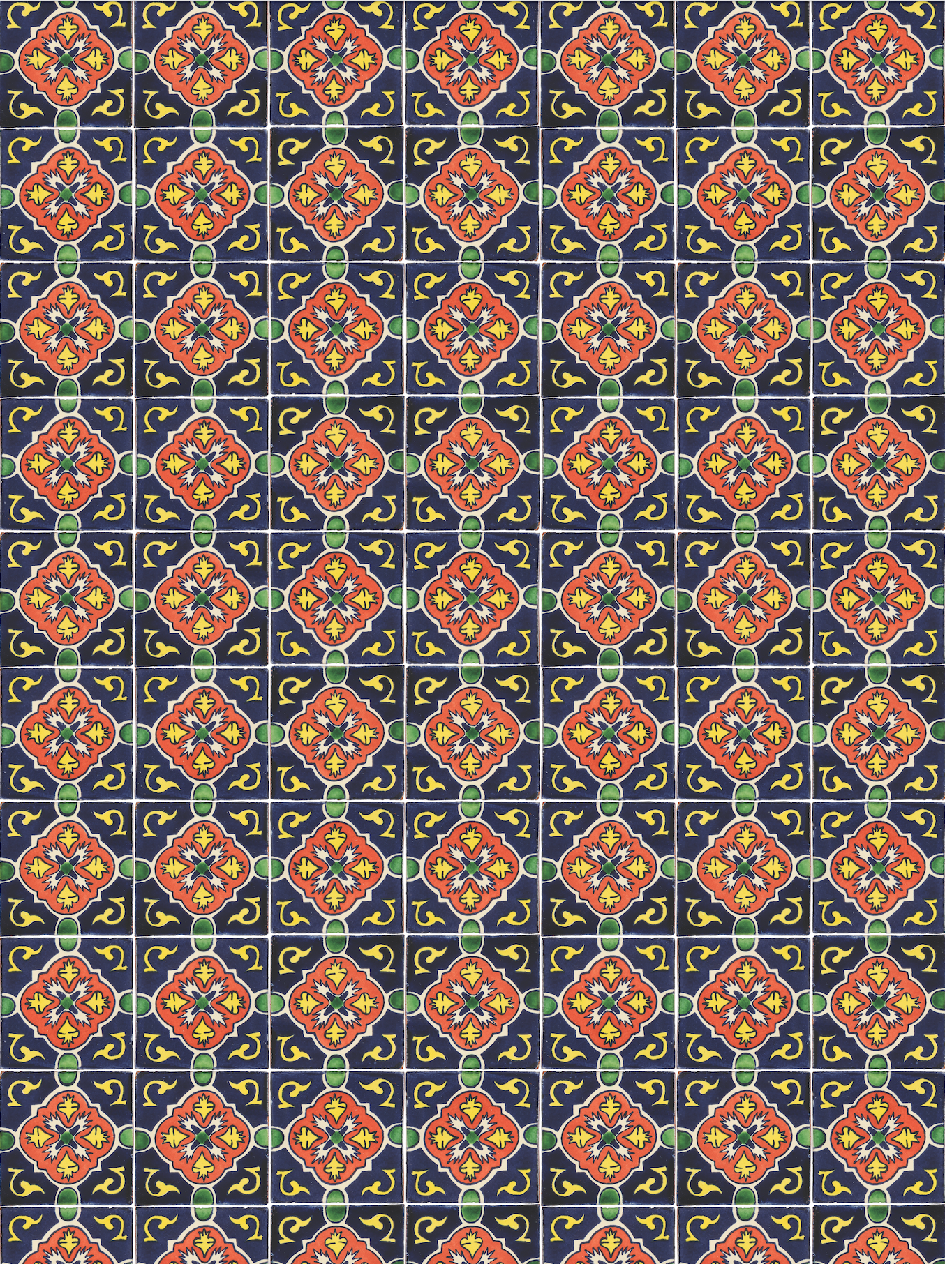 Spanish style tyle surface; deep blue, green, orange, and yellow design with neutral white grout