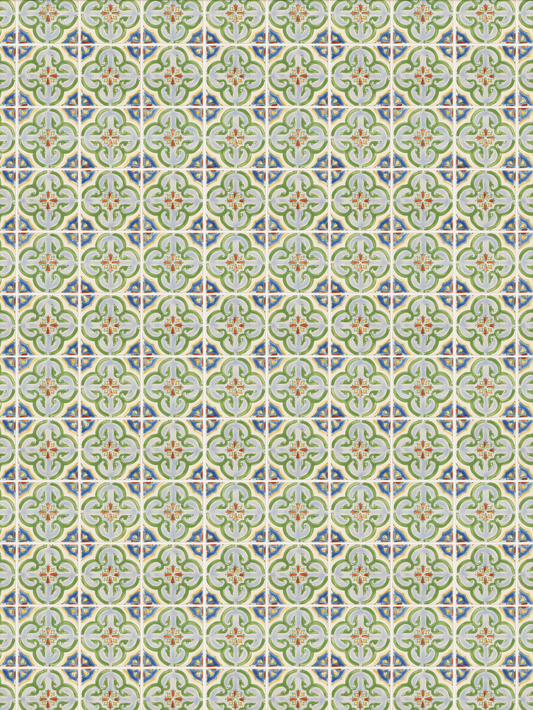 Vibrant green, blue, red, and yellow square tiles with white grout vinyl surface backdrop