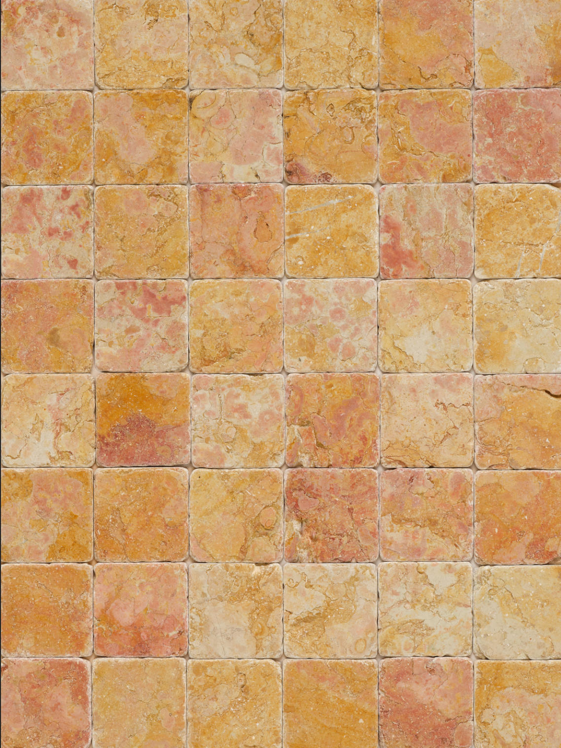 Textured brown, beige, and light pink square tiles with no grout vinyl backdrop