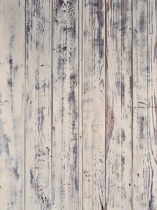 Been Here Awhile vinyl backdrop. Vinyl image is of white painted dark wood perfect for food, drink, and product photography.
