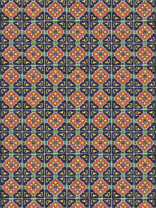 Spanish style tyle surface; deep blue, green, orange, and yellow design with neutral white grout