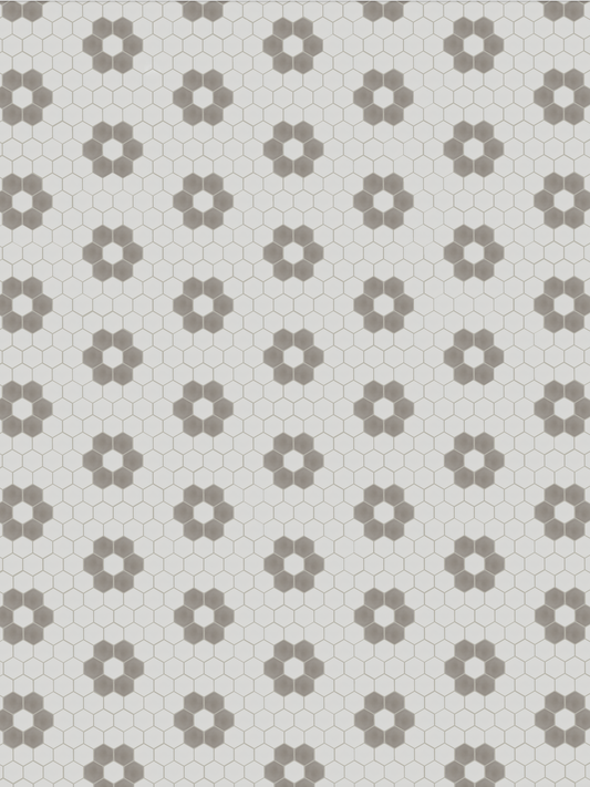 cool tone white hexagon tile, grey hexagon tile arranged in flower/circle like pattern.