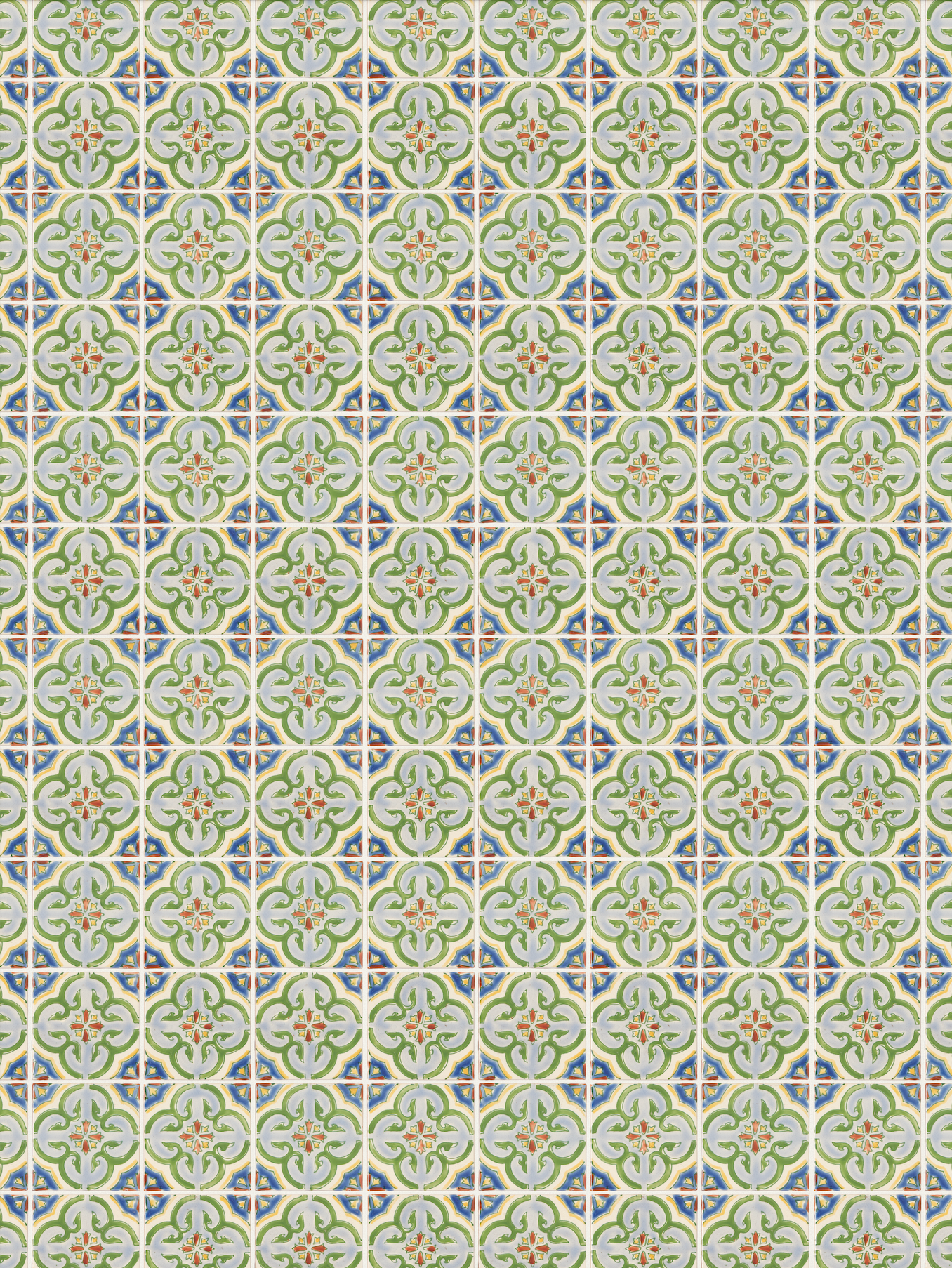 Vibrant green, blue, red, and yellow square tiles with white grout vinyl surface backdrop