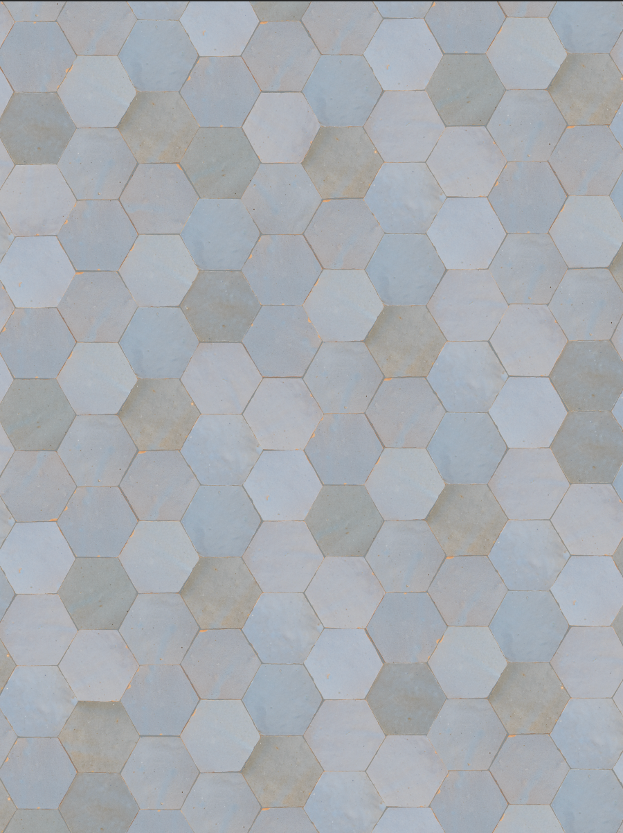 A range of cool toned blue hexagon tiles