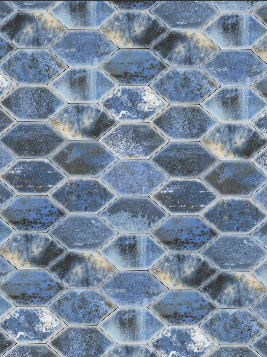 elongated hexagon textured blue tiles without grout vinyl backdrop surface