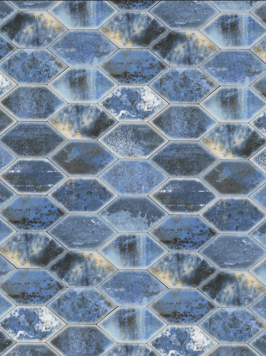 elongated hexagon textured blue tiles without grout vinyl backdrop surface
