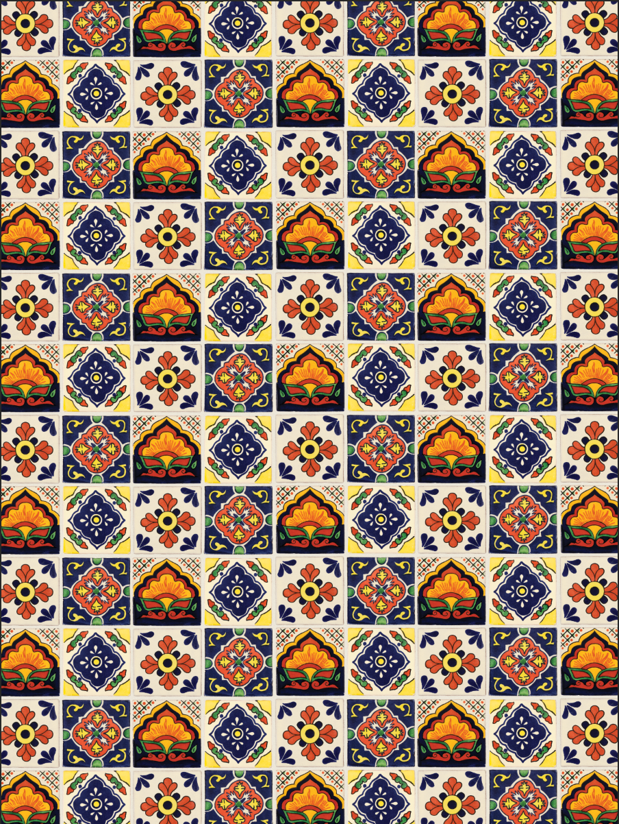 Vibrant Spanish style tile surface, tiles consist of bright orange, deep blue, warm toned green, and subtle yellow