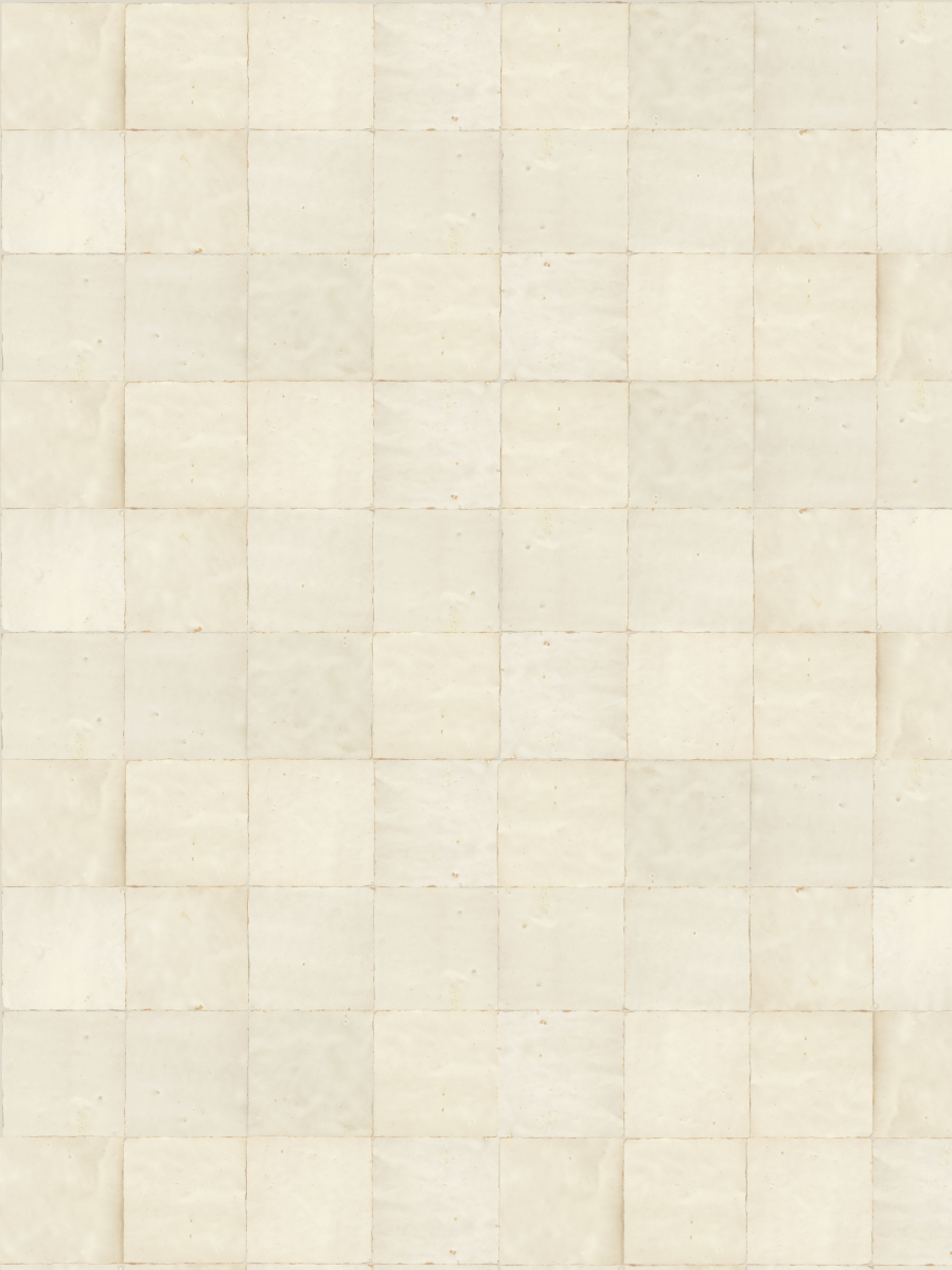 White pearlescent square tiles with white grout vinyl backdrop