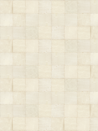 White pearlescent square tiles with white grout vinyl backdrop