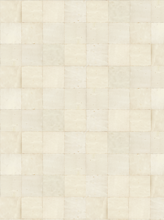 White pearlescent square tiles with white grout vinyl backdrop