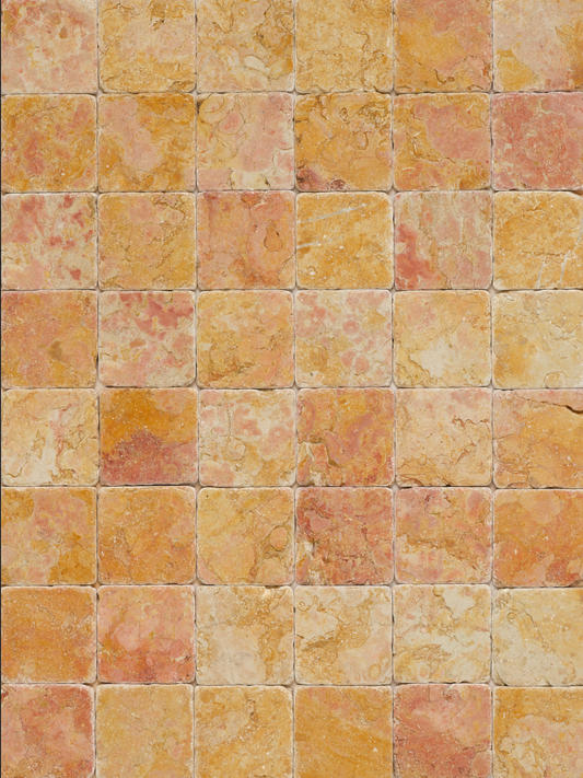 Textured brown, beige, and light pink square tiles with no grout vinyl backdrop