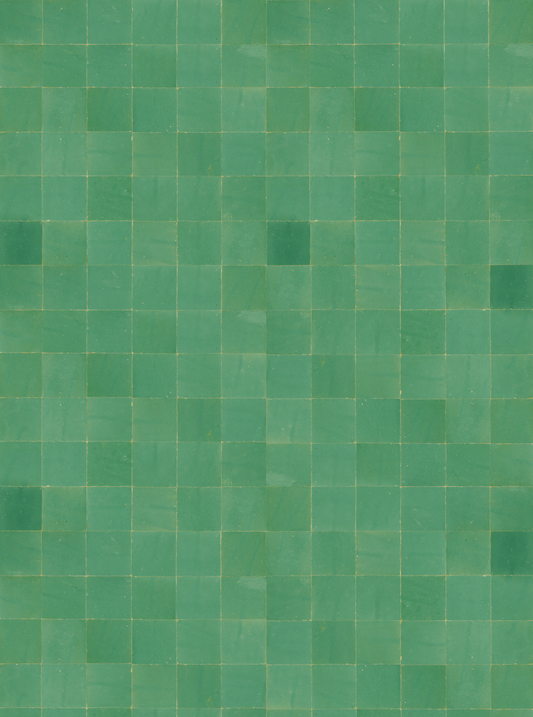 Cool toned blue and green varied square tiles with warm toned white grout for photography